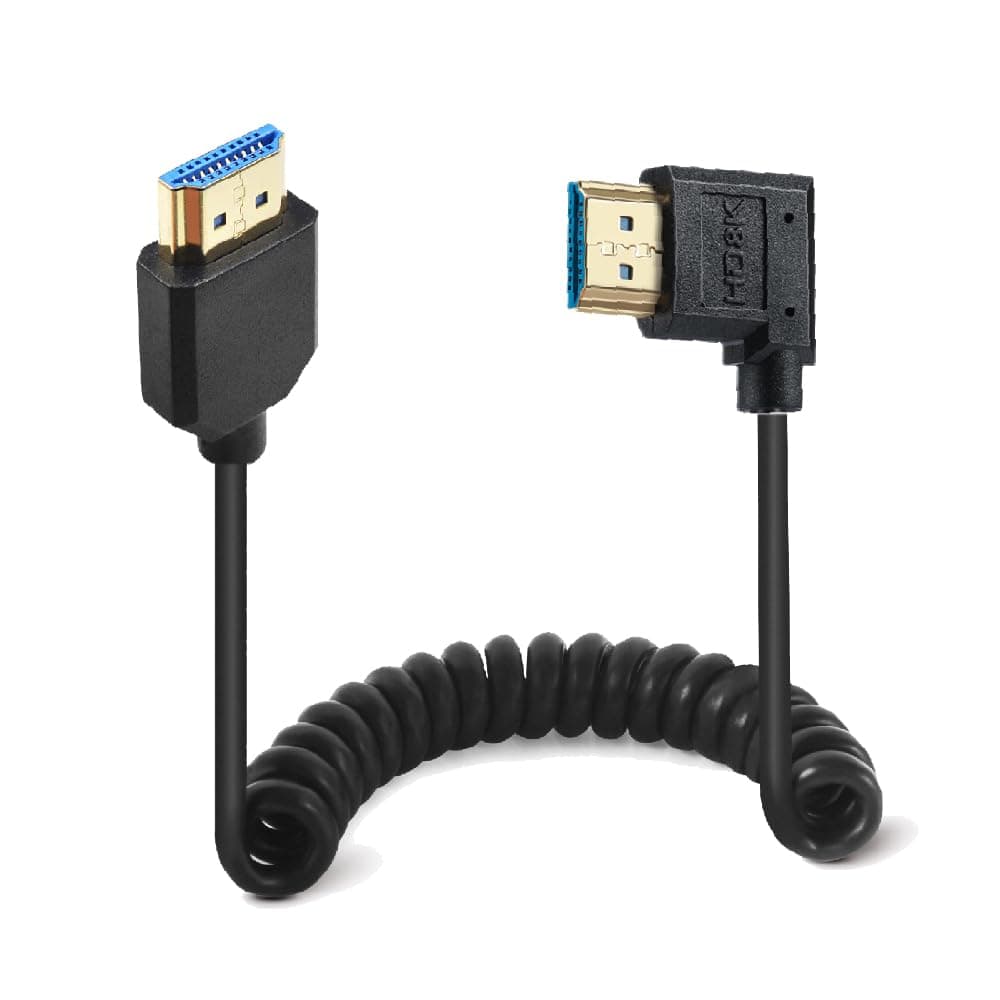 4ft HDMI 8K@60Hz Coiled Cable, 90 Degree Left Angle HDMI 2.1 Male to Male Adapter Shield Spring Spiral Cord, Ultra HD