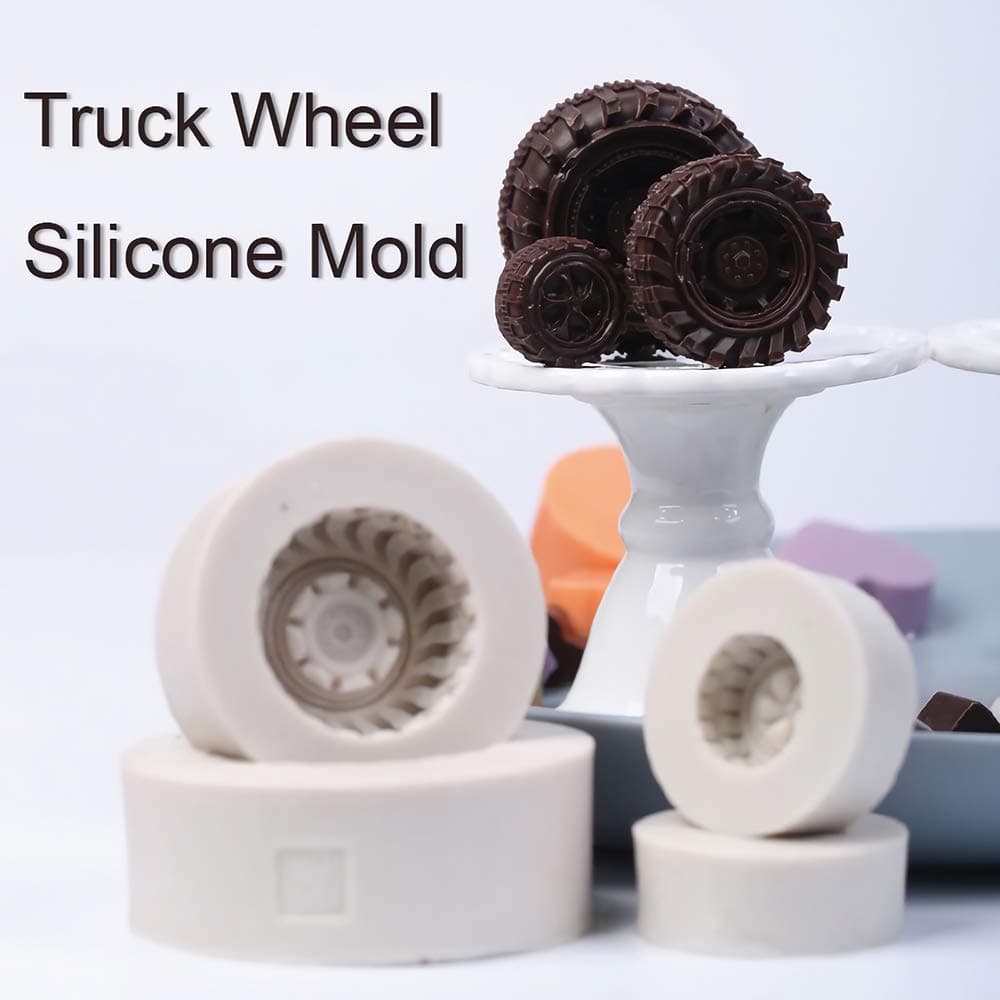 4Pcs/Set 3D Tire Fondant Mold, Round Car Truck Tractor Wheel Shape Silicone Mold for Sugarcraft Cake Decorating Chocolate Candy Polymer Clay Soap Candle (White)