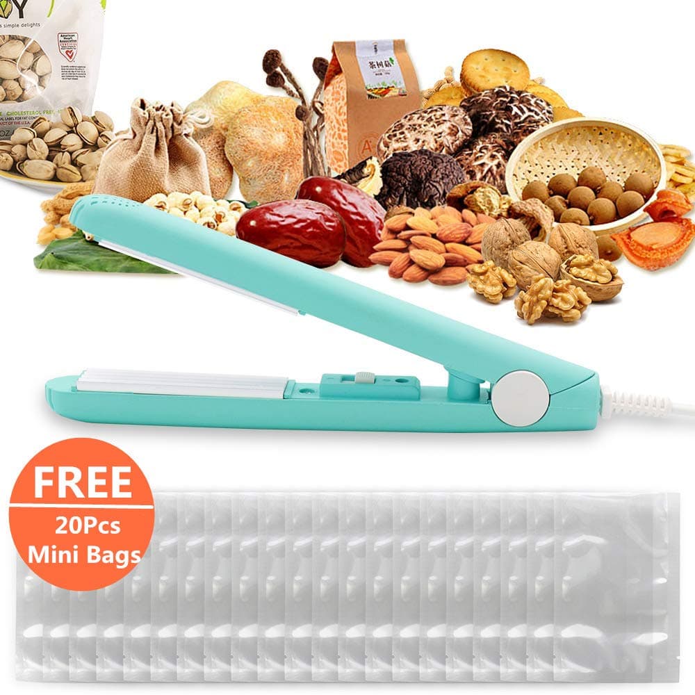 Mini Food Bag Heat Sealer with 20 Pieces Small Bags Handheld Smart Control Corrugated Suspension Heating Sheet for Airtight Food Storage (Green)