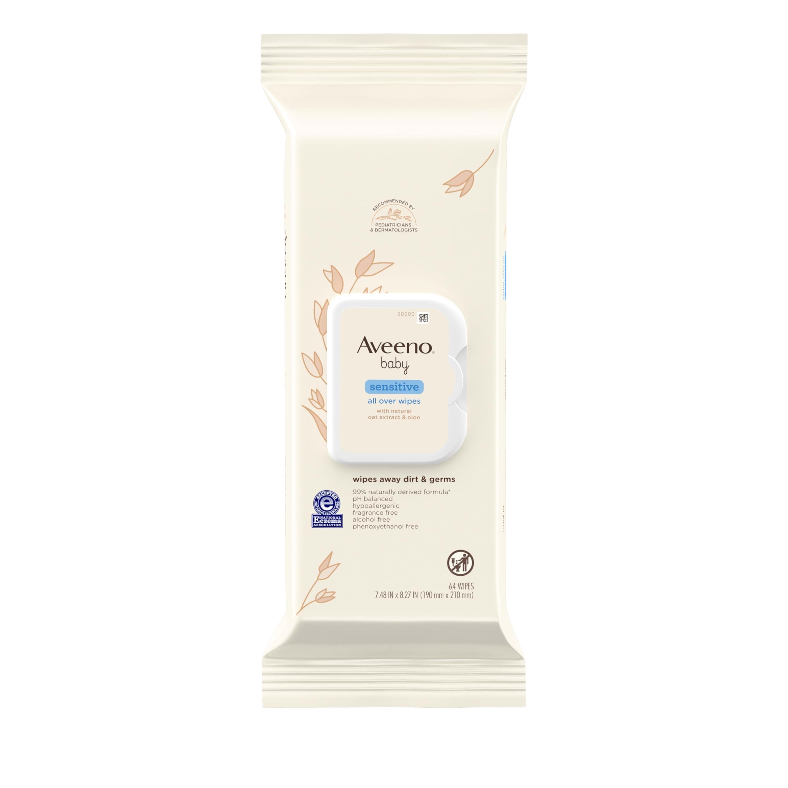 Sensitive All Over Wipes with Aloe & Natural Oat Extract for Face, Bottom, Hands & Body, pH-Balanced, Hypoallergenic, Fragrance-, Phenoxyethanol- & Alcohol-Free, 64 ct per pack