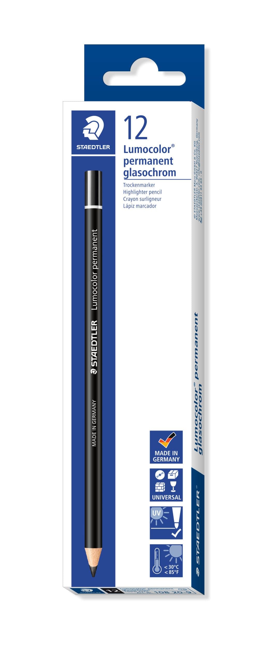 108 20-9 Lumocolor Permanent Glasochrom Dry Marker Pencil - Black (Pack of 12)