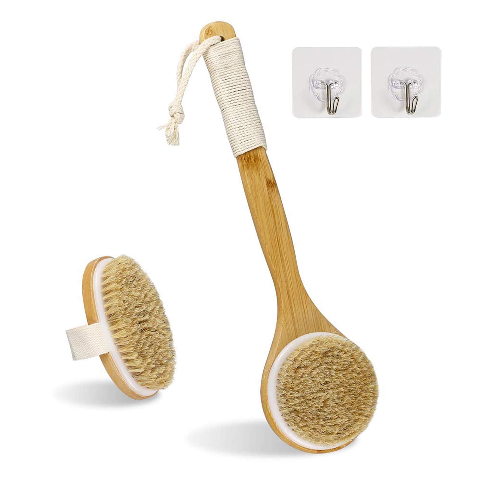 Dry Brush Bath Body Brush with Natural Bristle Shower Brush for Exfoliating Skin, Stimulating Blood Circulation, Massaging The Skin and Improving Skin Health, Set of 2, with 2 Wall Hook