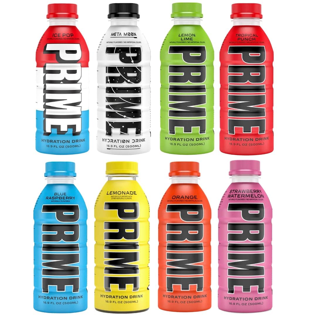 Prime Hydration Sports Drink 8 Flavors Assorted Variety Pack - Energy Drink, Electrolyte Beverage - Meta Moon, Lemon Lime, Tropical Punch, Blue Raspberry, Orange, Lemonade, Ice Pop & Strawberry Watermelon - 16.9 Fl Oz (8-Pack)