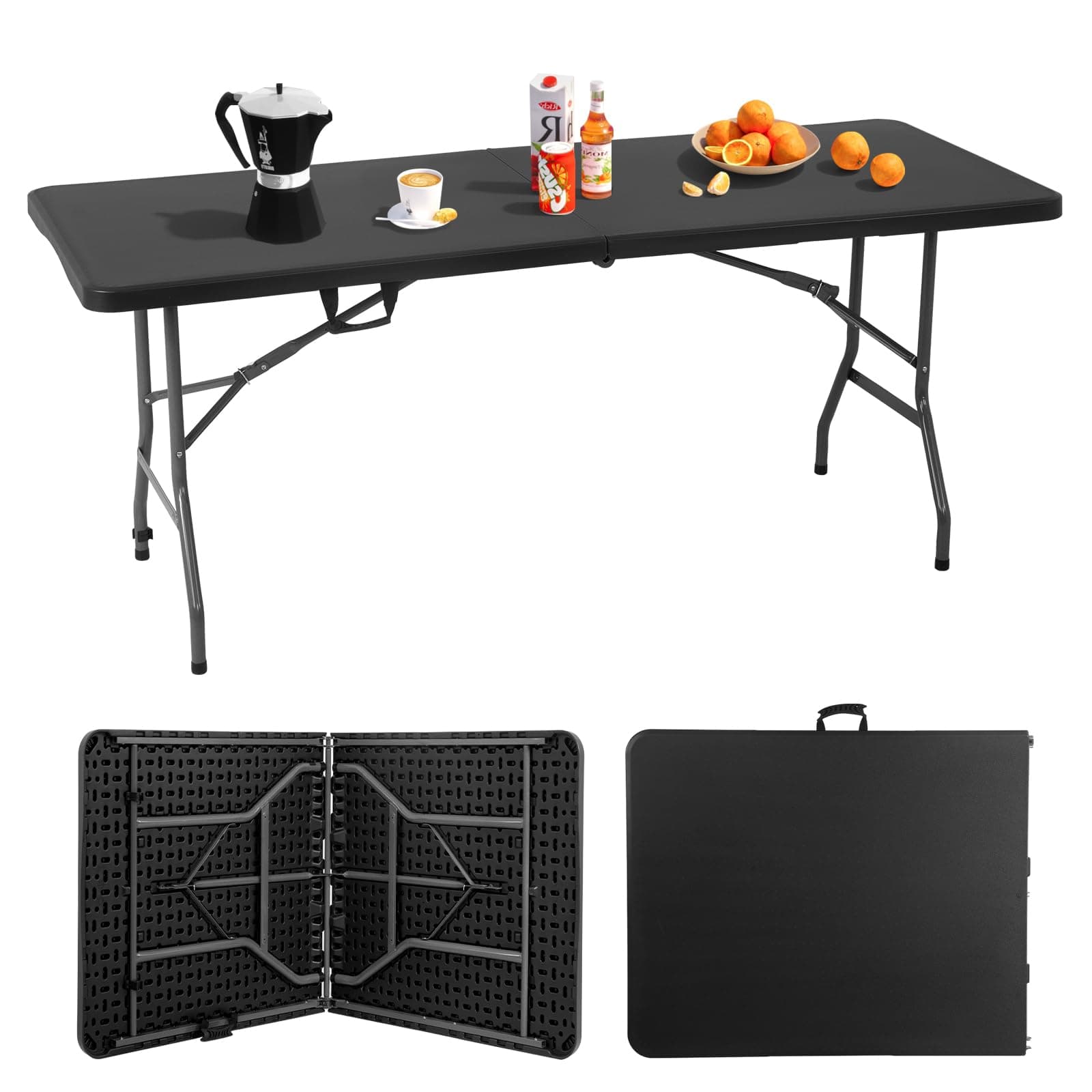 6ft Folding Table, Heavy Duty Foldable Table with Handle, Portable Fold-in-Half Utility Tables for Indoor & Outdoor Use Perfect for Camping BBQ Party Wedding Market Events, Black