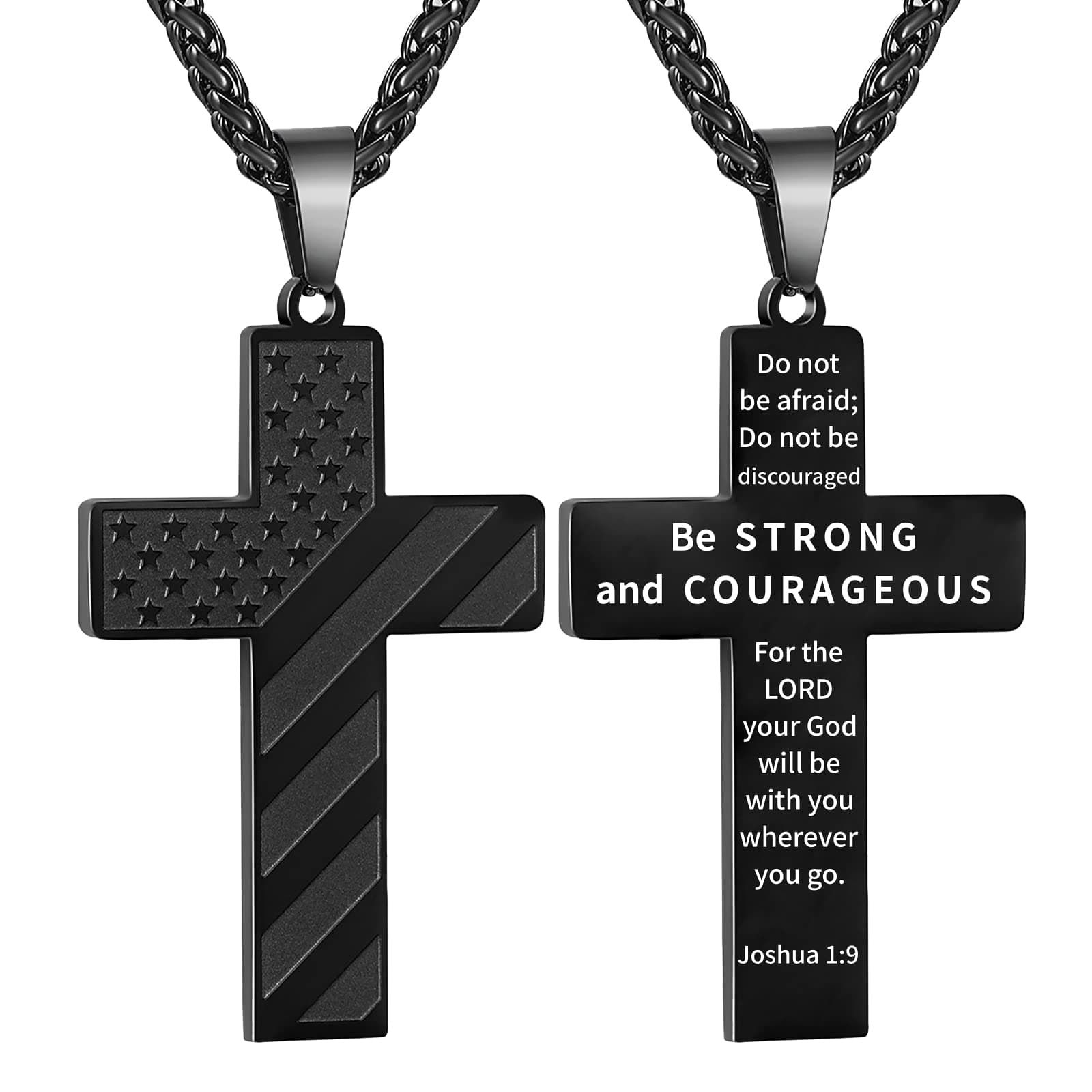 Easter Basket Stuffers-18+2 Inch Cross Necklace Bible Verse Stainless Steel American Flag Pendant Chain for Men Boys Cross Jewelry Gift