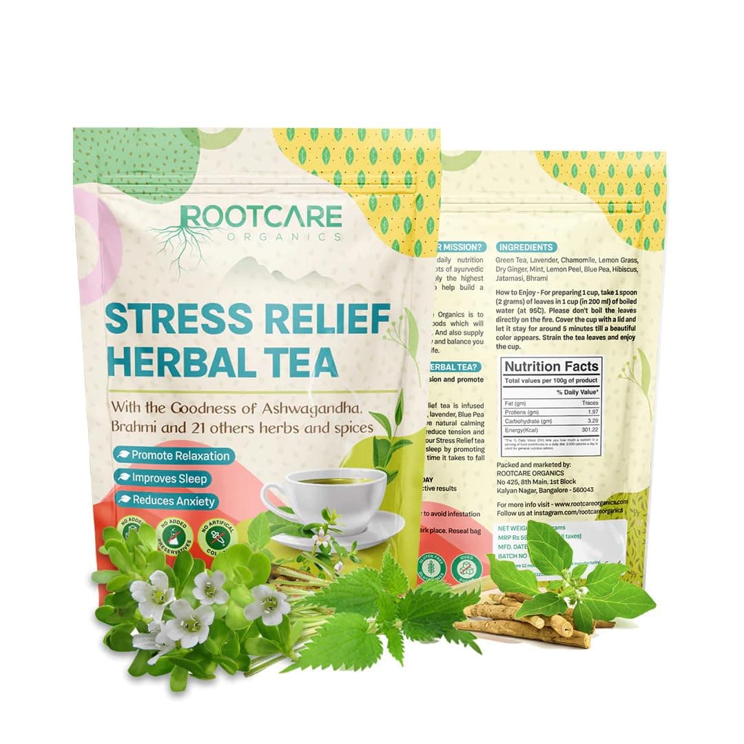 Rootcare Organics Stress Relief Herbal Tea loose leaves | Ashwagandha, Brahmi & 21 Ayurvedic Herbs leaf | Natural Relaxation & Sleep Support | Reduces Anxiety | 100% Organic | Pack Of 1 Month | 100g