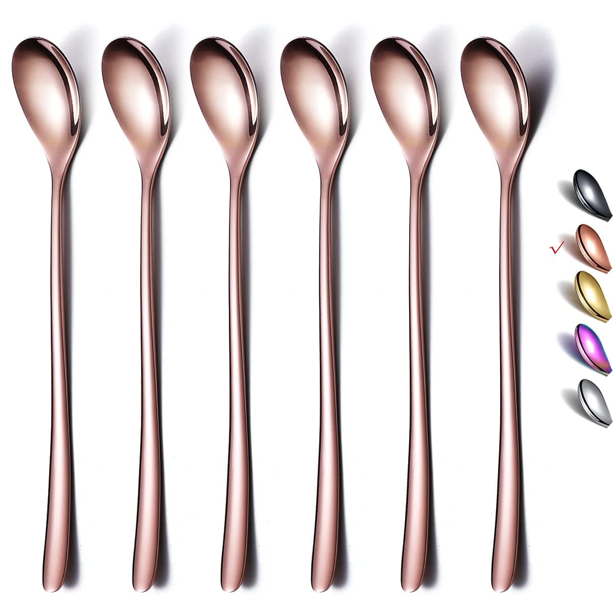 HOMQUEN Copper Long Handle Spoon, Coffee Stirrers, Premium Stainless Steel Coffee Spoons, Ice Tea Spoons, Ice Cream Spoon, Cocktail Stirring Spoons, Tea Spoons, Set of 6 (Rose Gold)