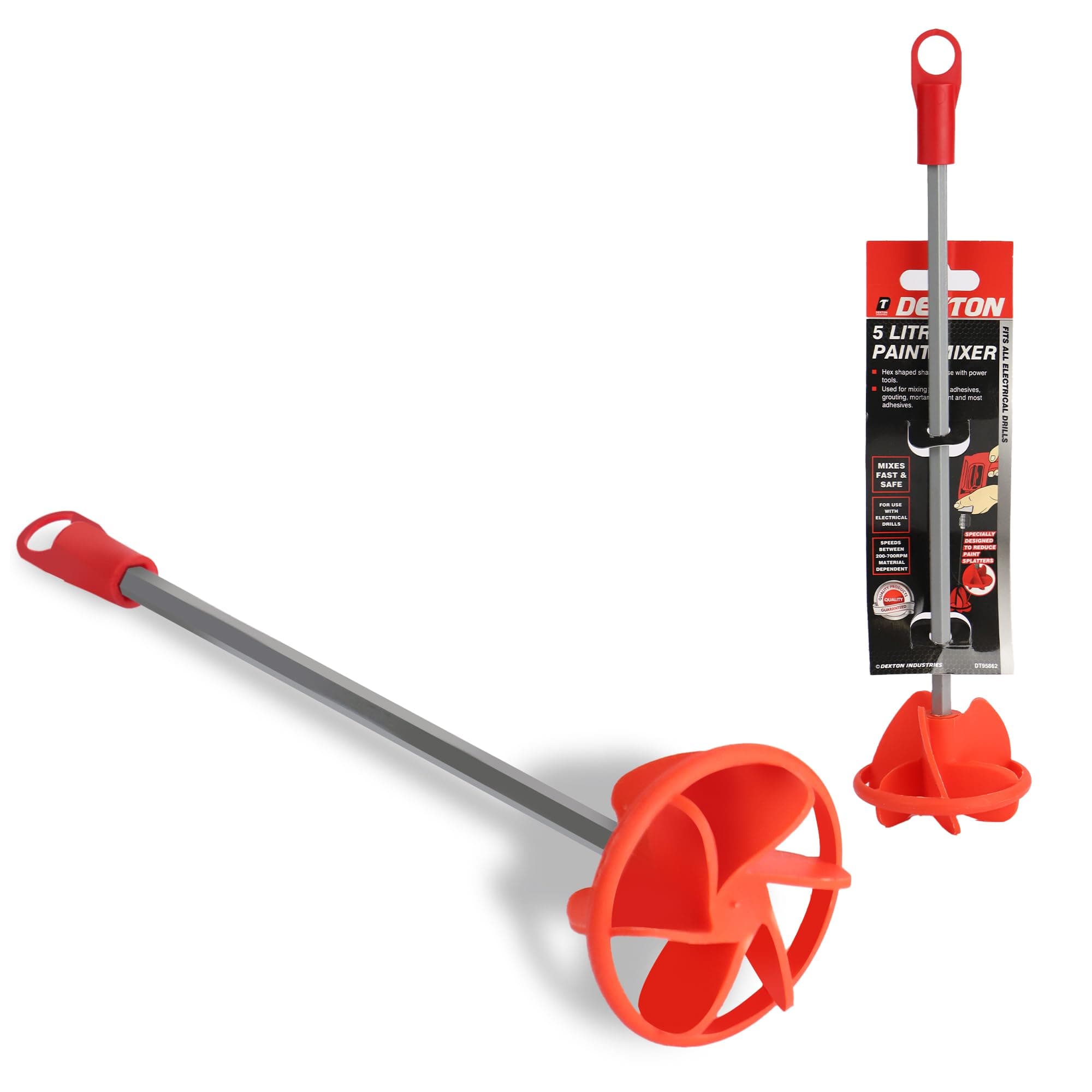 Dekton 5 Litre Paint Mixer-Fits All Electrical Drills|Hex Shaped Shaft|Speeds 200-700rpm|Designed Angled Blade For Optimum Mixing Lightweight|Large And Robust To Cope|For Mixing Paints,Mortar, Cement