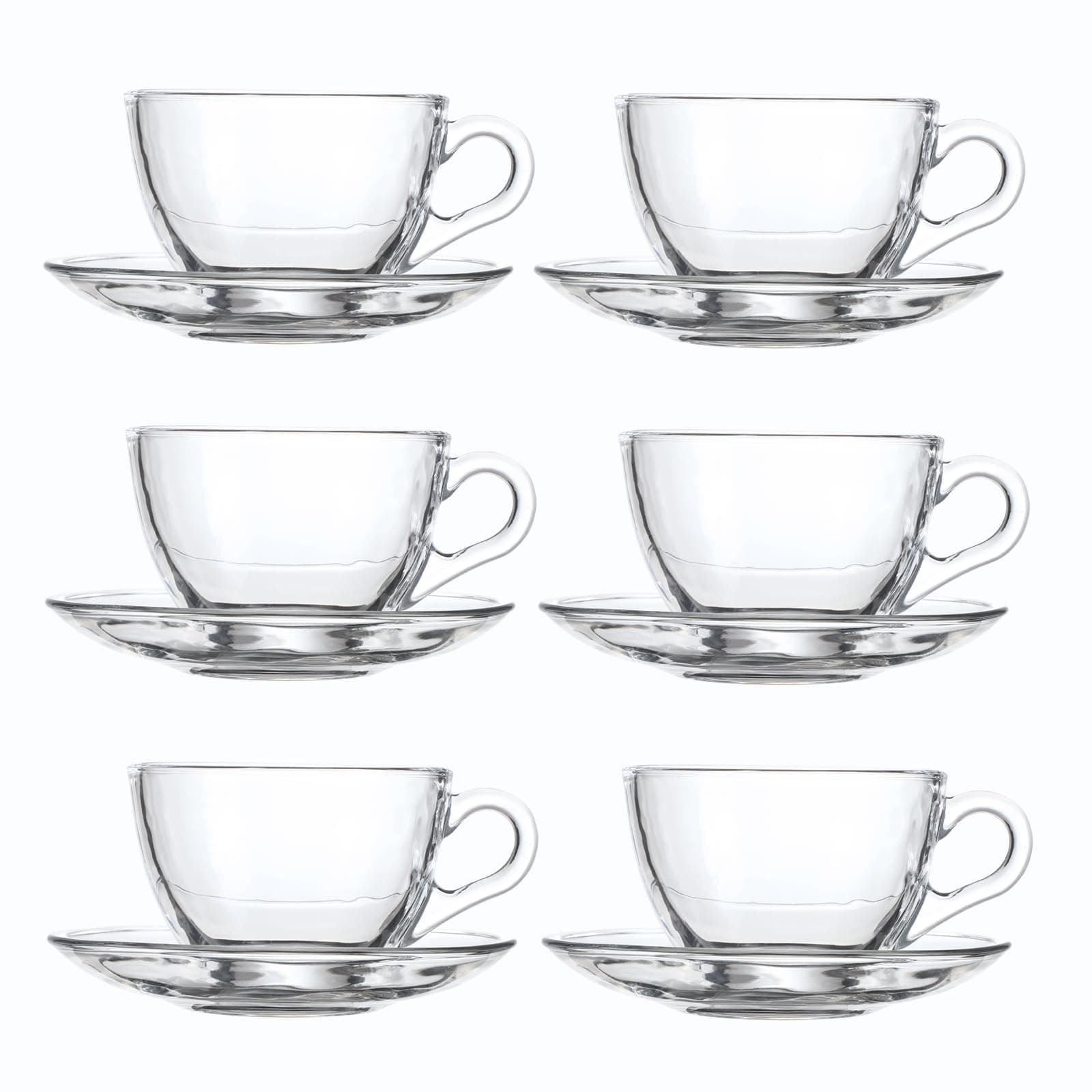Glass Teacup and Saucer Set, 6 Pack Coffee Mug with Stainless Steel Spoon Suitable for Espresso Juice Cappuccino and More Beverage, 7OZ/210ML, Clear