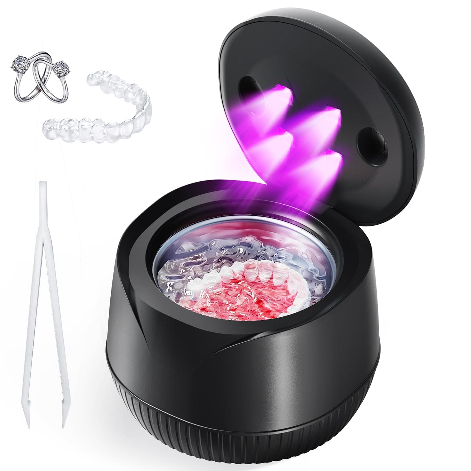 Ultrasonic Retainer Cleaner Machine - 45kHz Ultrasonic Denture Cleaner for Aligner, Mouth Guard, Whitening Trays, Toothbrush Head, Ultrasonic Jewelry Cleaner for All Dental Appliances (Black)