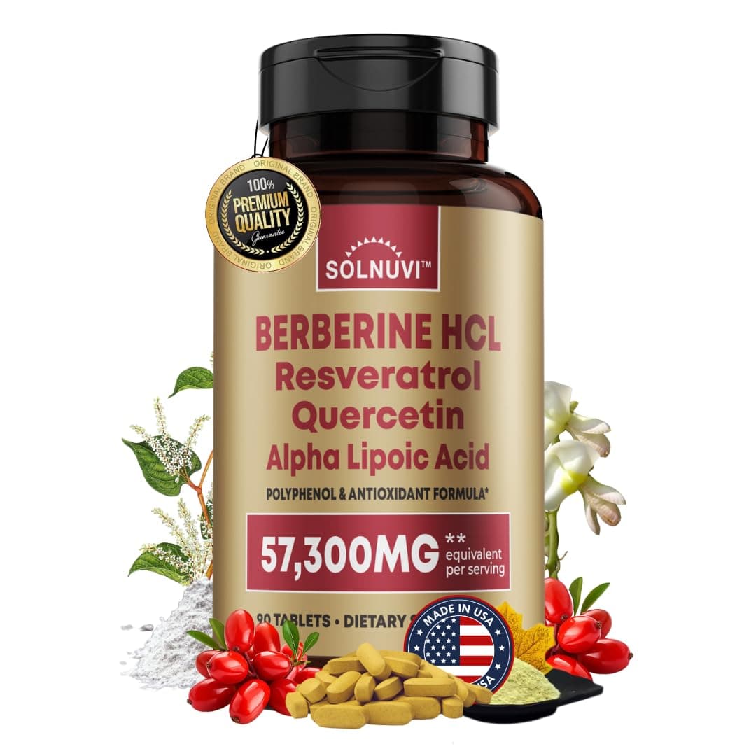 Premium Berberine Supplement with Resveratrol Quercetin Alpha Lipoic Acid - 50:1 Berberine HCl Complex Potent Antioxidants, Polyphenols, Vitality Boost - 90 Vegan Tablets, Non-GMO, Gluten-Free