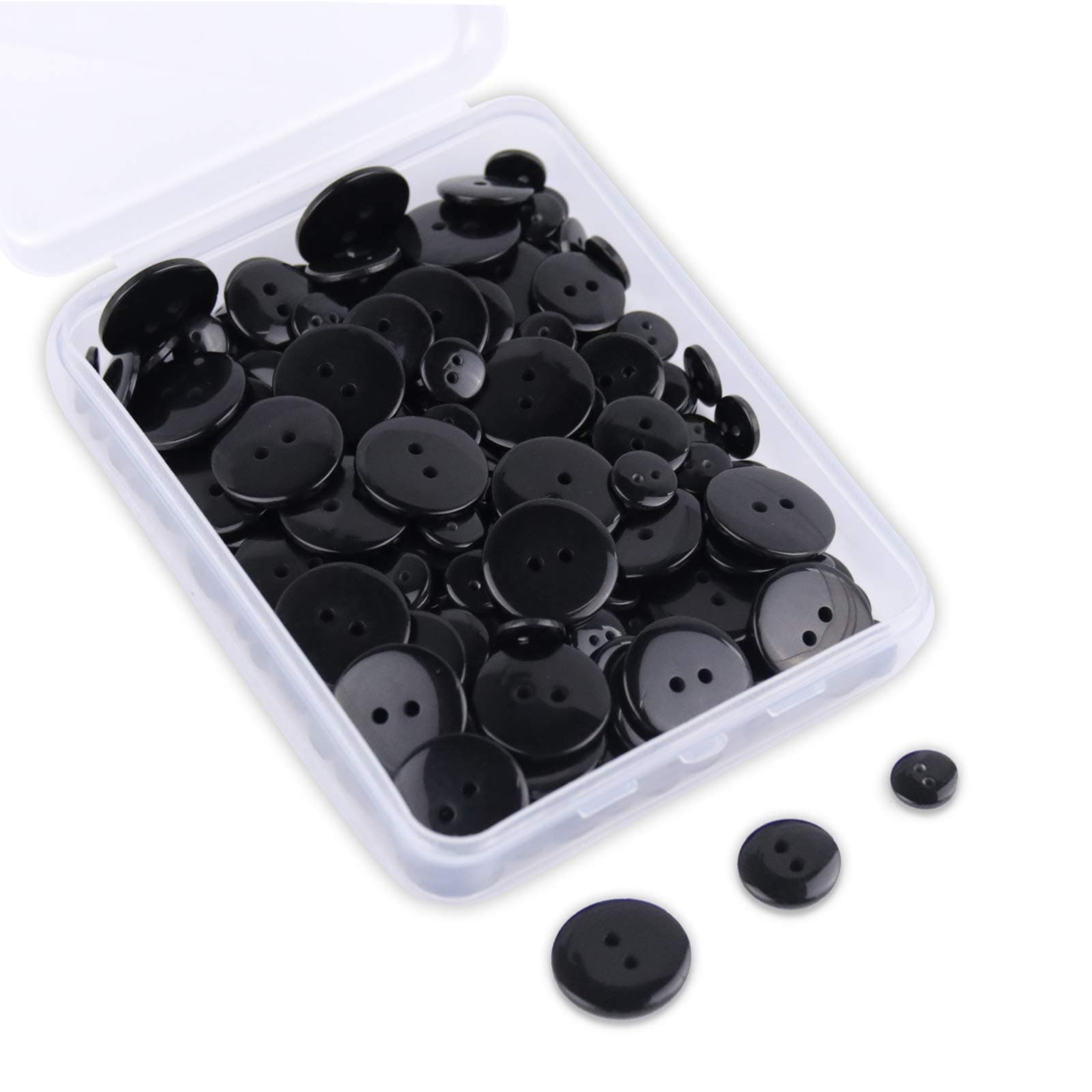 SUNTA 200Pcs Buttons Round Resin Buttons for DIY Sewing,Craft Ornament,10mm 15mm 20mm (Storage Box Included) (Black)