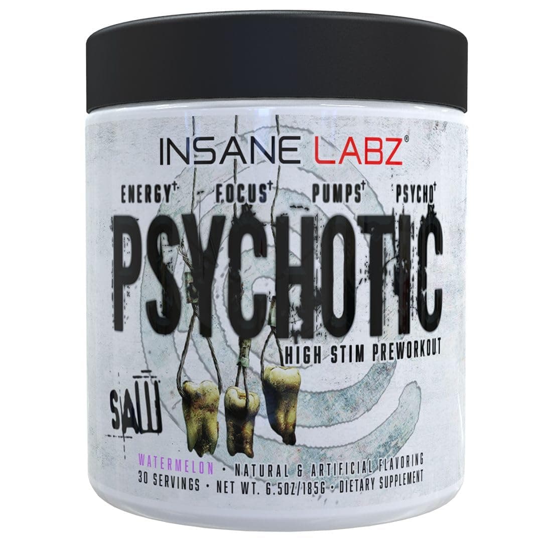 Insane Labz Psychotic SAW®, High Stim Pre Workout Powder with OxyGold™ and AMPiberry®, Extreme Lasting Energy with Teacrine®, Focus with CognitIQ® and Endurance with Beta Alanine, 30 Srvgs,Watermelon
