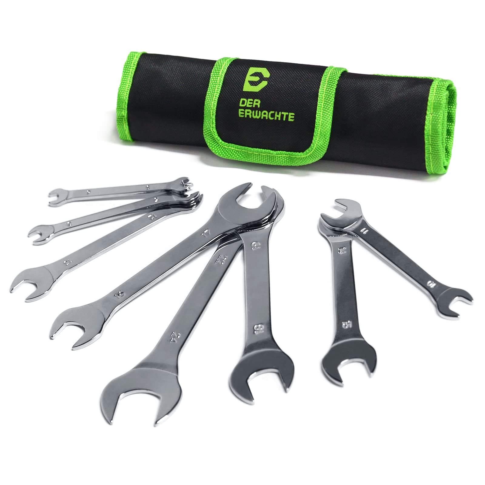 Super-Thin Open End Wrench Set, Metric, 8-Piece, Including 6, 7, 8, 9, 10, 11, 12, 13, 14, 15, 16, 17, 18, 19, 22, 24 mm, Slim Spanner Wrench Set with Rolling Pouch