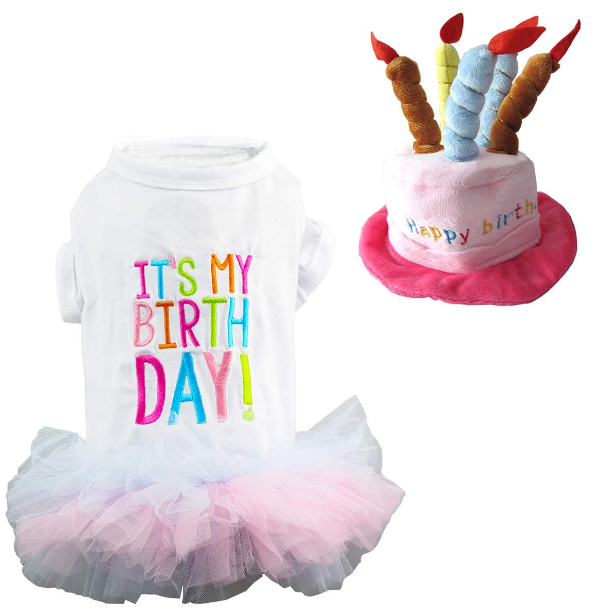 Dog Birthday Princess Tutu Dress for Small Dogs Girl + Adjustable Puppy Cat Birthday Party hat Cake Shaped (B)