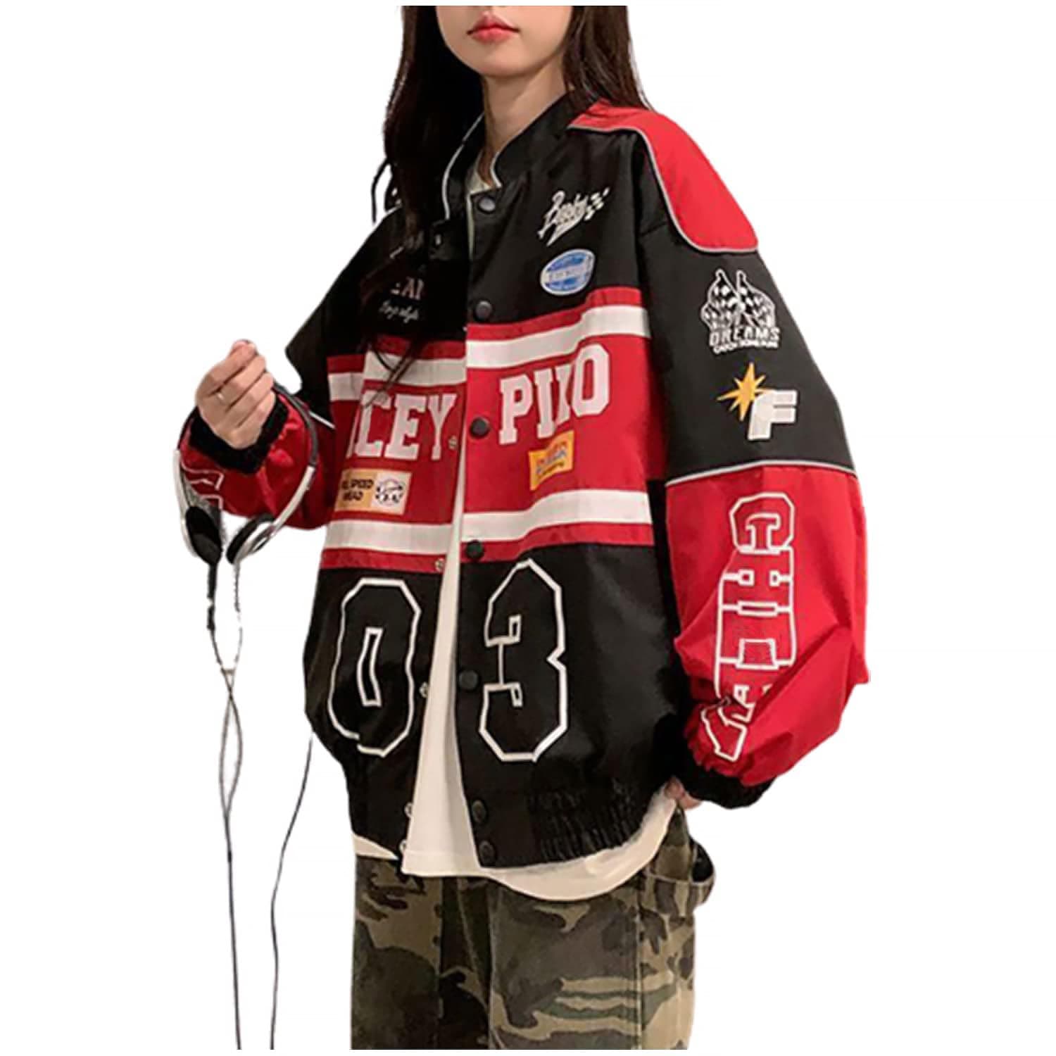 Varsity Jacket for Women Patchwork Long Sleeve Racing Bomber Letterman Jackets Color Block Y2k Vintage Streetwear