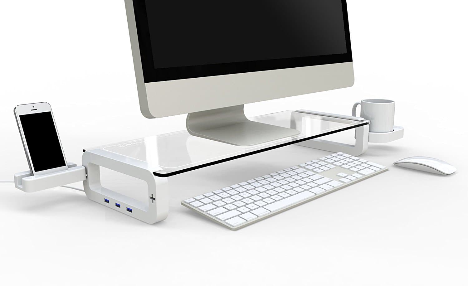 Sunnone UBOARD Smart 3.0 - Tempered Glass Monitor Stand Shelf (Built-in 3 x USB 3.0 Hub) - White