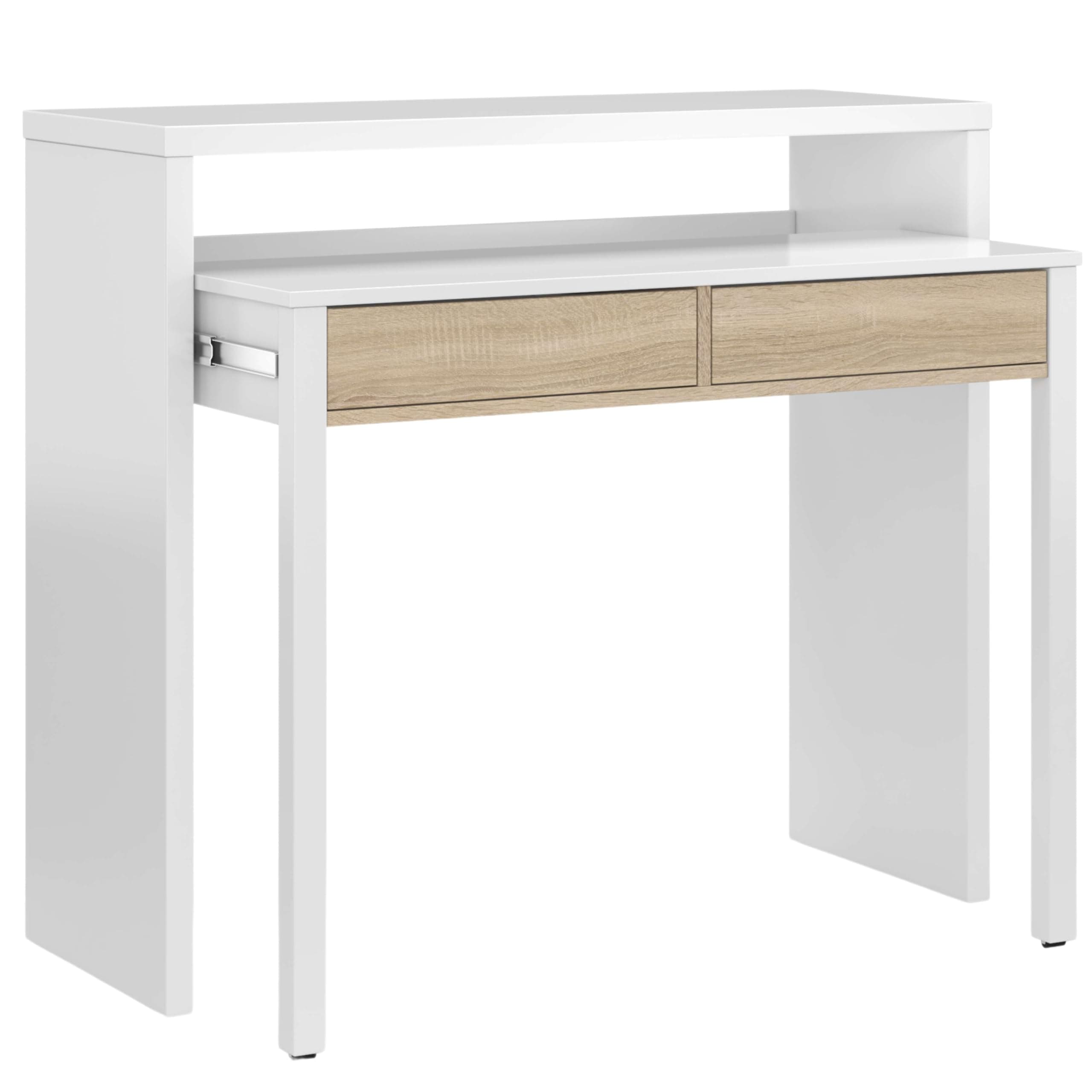 Habitdesign Extendable Desk Table, Study Table, Console, Artik White and Canadian Oak, Measurements: 98.5 cm (L) x 36-70 cm (D) x 87.5 cm (H)