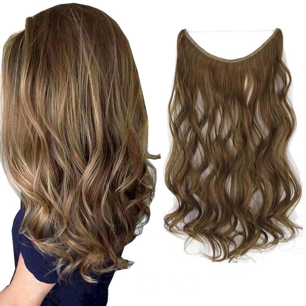 iLUU Halo Hair Extensions Natural Synthetic Hair 18inch 80g Long Thick Wavy Hairpieces #12/24 Light Golden Brown and Golden Blonde Piano Color Invisible Fish Line Wire Flip in Curly Hair Extensions