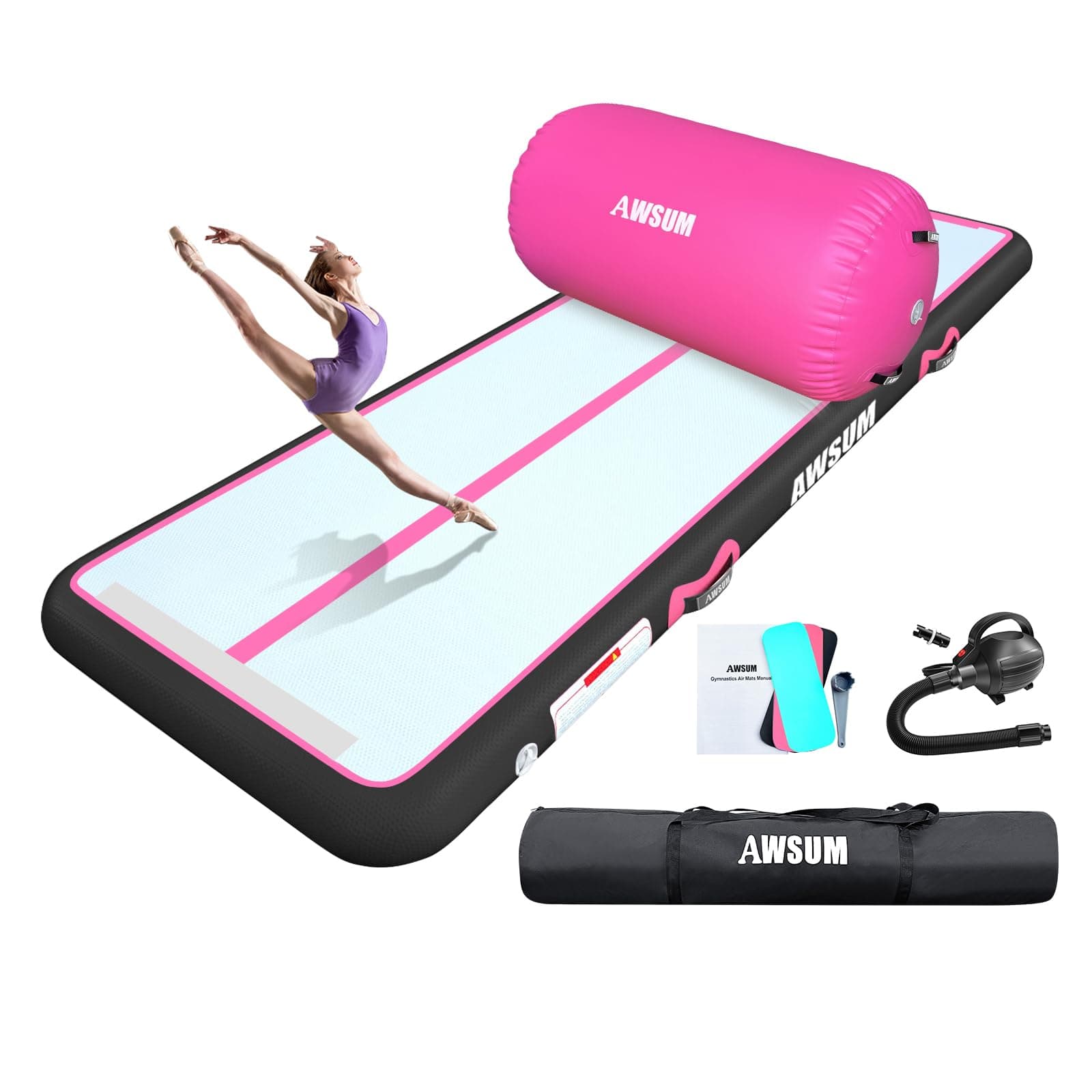 AWSUM 10ft /13ft Gymnastics Mat with Air Roller Tumbling Barrel Back Somersault Backbend Trainer for Inflatable Gymnastics Springboard Back Handspring Equipment, with Electric Pump