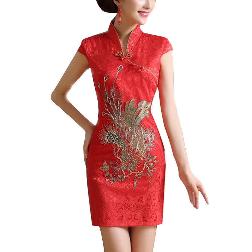 TENDYCOCO Chinese Dress Traditional Wedding Cheongsam Slim Short Sleeve Qipao (Red)