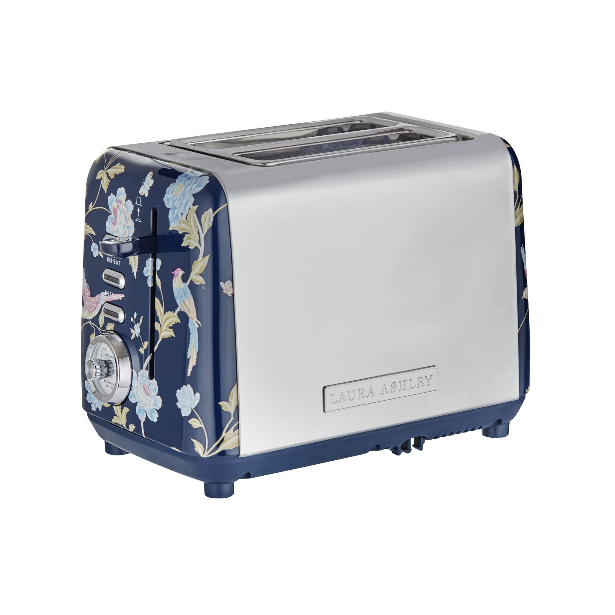 Laura Ashley Elveden Navy 2 Slice Toaster with Wide Slots & Warming Rack - Easy to Use Multi Functional Bread Toaster 2 Slice with Dual Controls, High Lift Lever, 7 Browning Levels, Defrost & Reheat