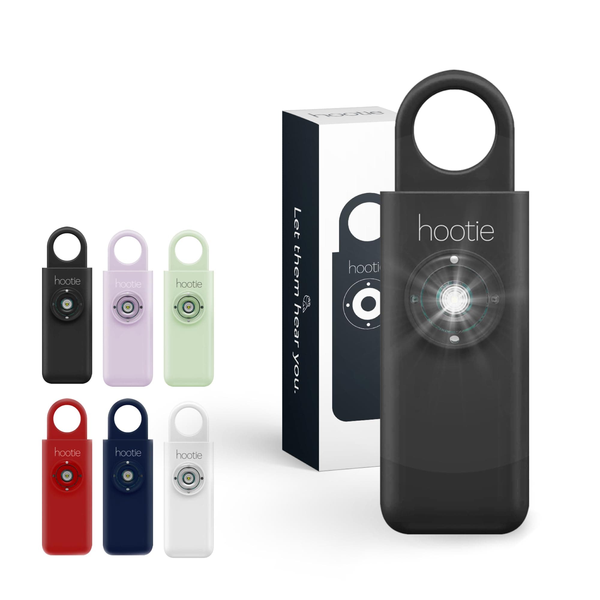 Hootie Personal Keychain Alarm - Hand Held Safety Siren for Self Defense and Emergency, Loud Pocket and Key-Chain-Safe Sound Device with Panic Strobe Light, Black