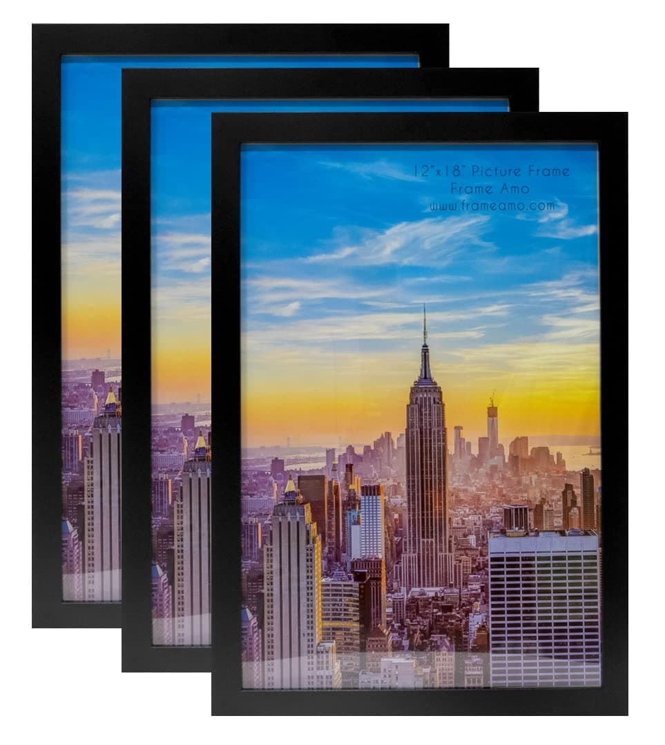 Frame Amo 12x18 Black Modern Picture or Poster Frame, 1 inch Wide Border, Acrylic Face, 3-Pack