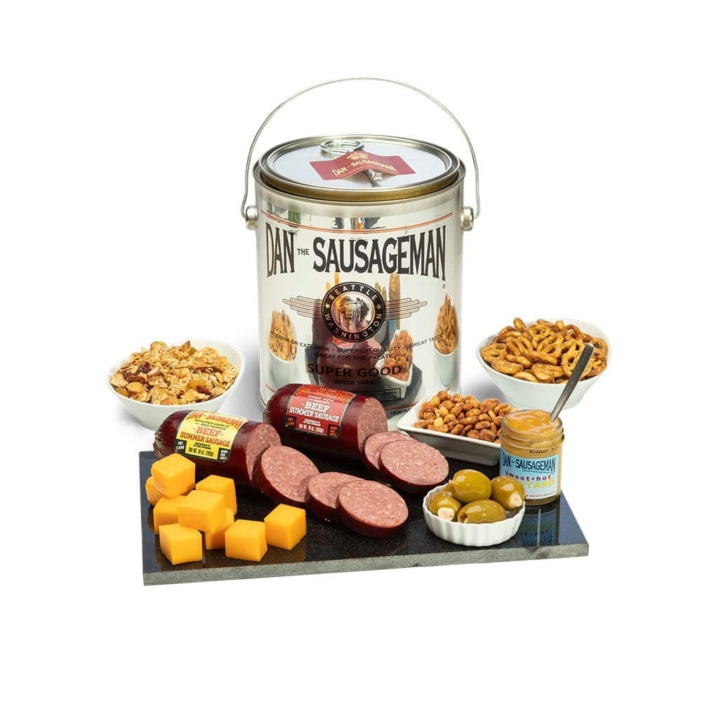 Dan the Sausageman Perfect Palate Gift Basket – Gourmet Meat & Cheese Snack Box with Summer Sausage, Mustard, Pretzels, Candy & More – 8-Piece Holiday Gift Set