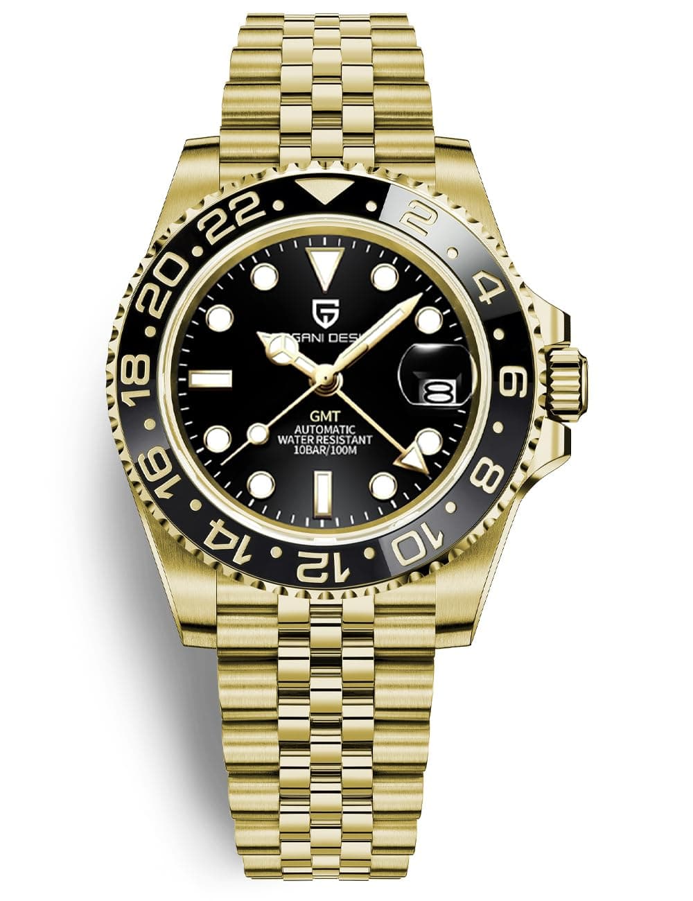 Men Watch Pagani GMT Watches for Men Automatic 40MM Date 100M Waterproof Stainless Steel Sapphire Glass Mechanical Wristwatches PD-1662(5 All Gold)