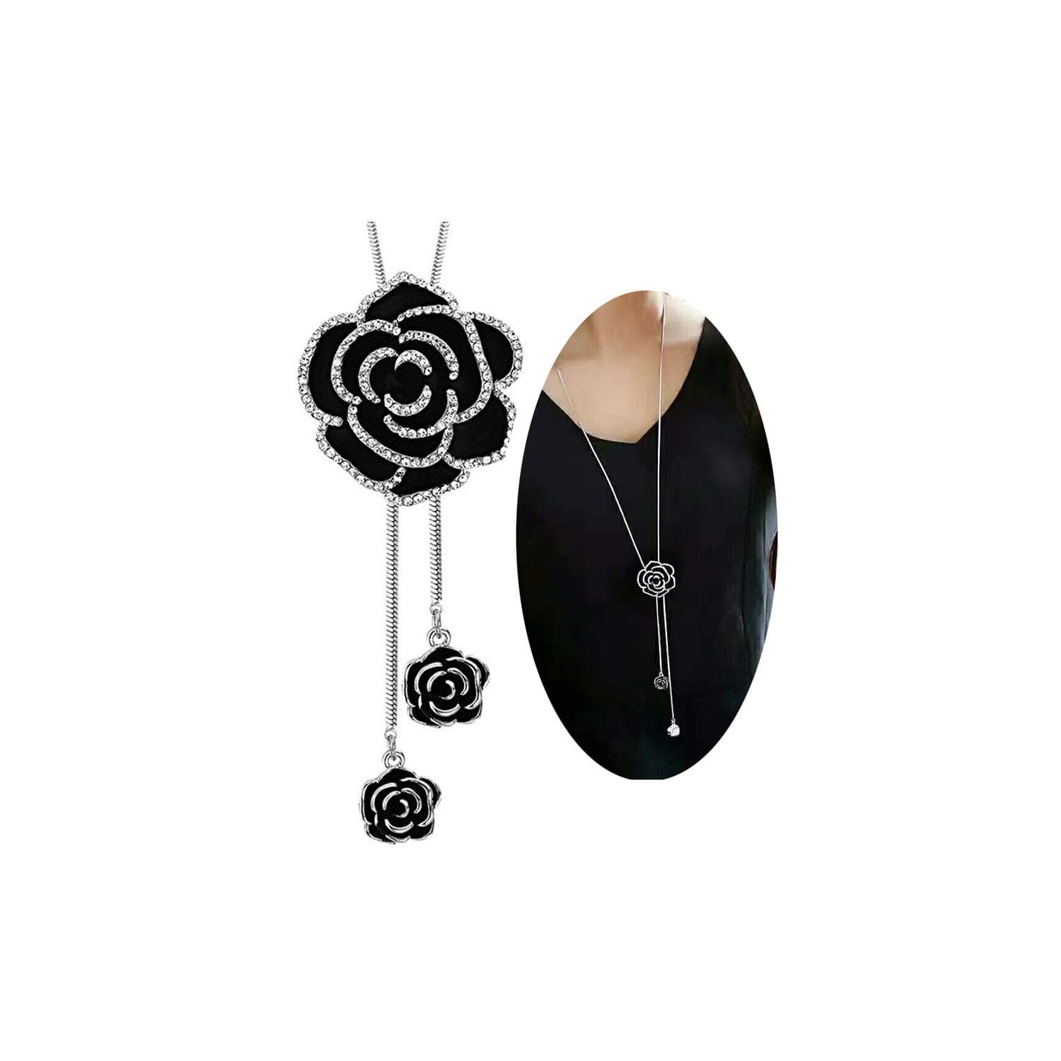 Long Chain Black Crystal Rose Flower Pendant Necklace for Women and Girls