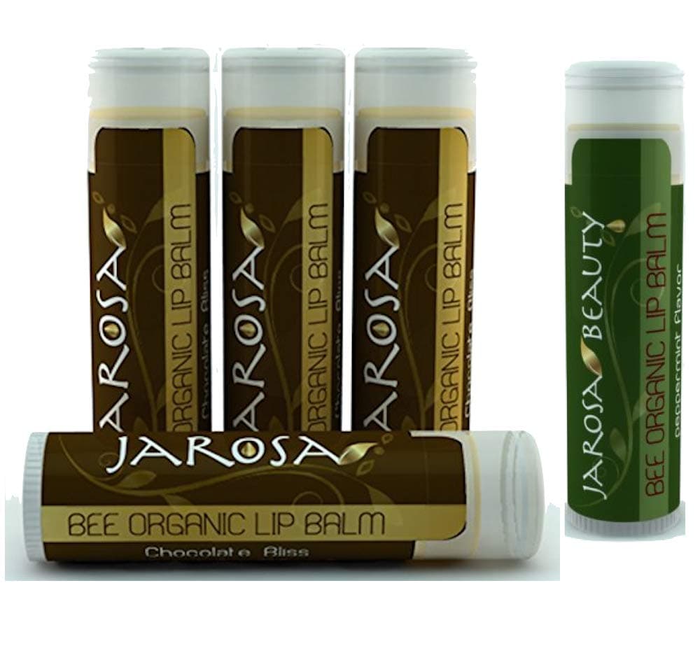 Organic Chocolate Bliss Beeswax Lip Balm by Jarosa (4 Pack) 100% All Natural Deep Moisturizing USDA Certified Organic for Dry or Chapped Lips Balms with a Bonus Peppermint Lip Balm