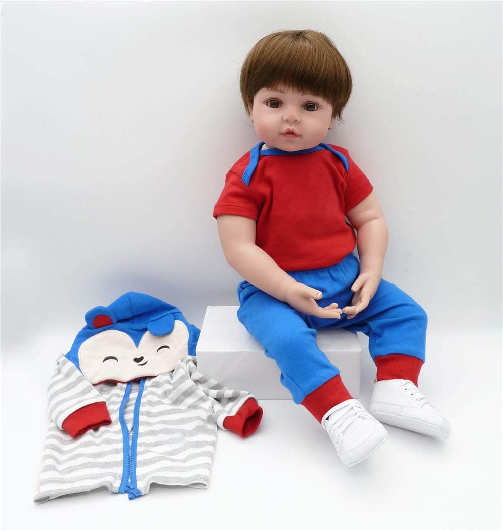 Zero Pam Reborn Toddlers 24inch Boy Brown Hair Blue and Red Stripe Monkey Pattern Outfit Adorable Realistic Cute Baby for Child Age 5+ (Monkey)
