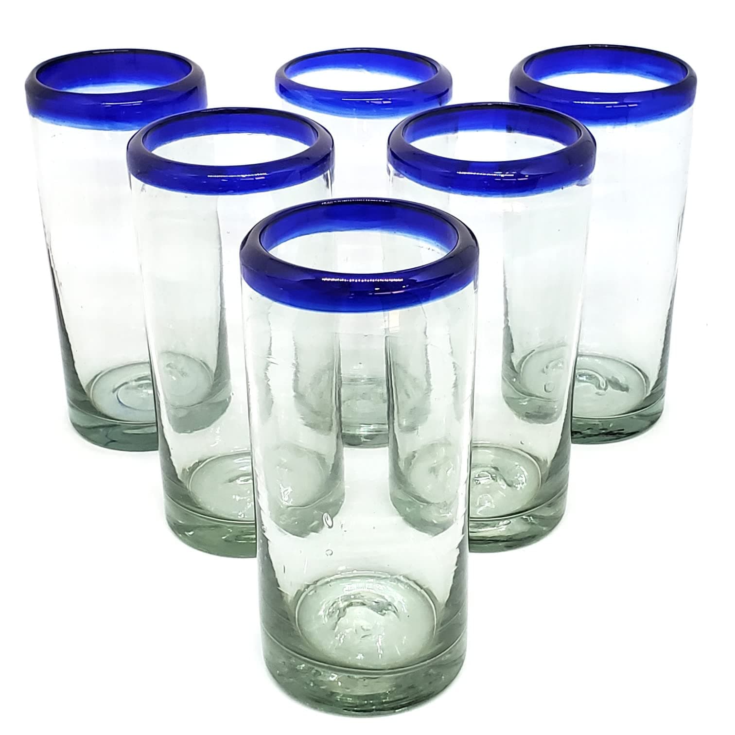 MexHandcraftCobalt Blue Rim 14 oz Highball Glasses (set of 6), Recycled Glass, Lead-free, Toxin-Free (Highball)
