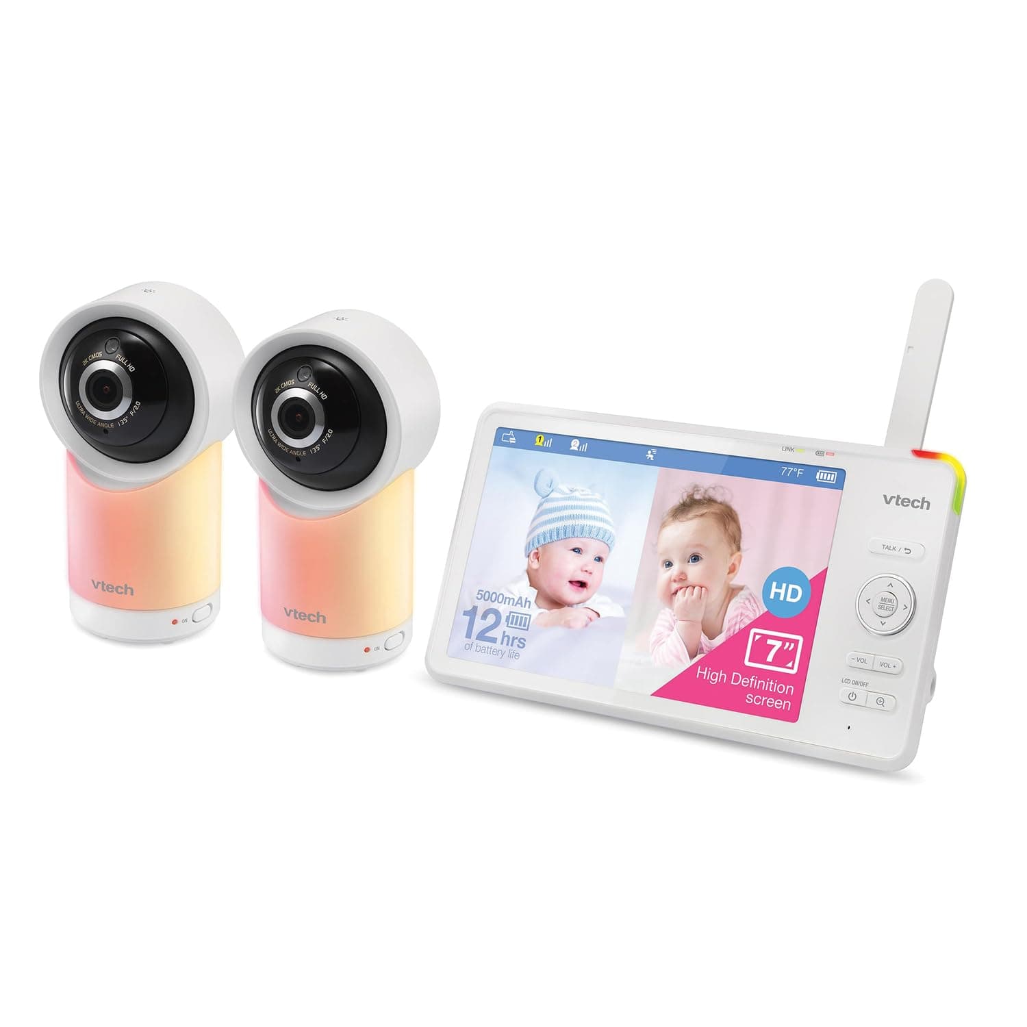 RM7766-2HD RM77662HD Smart Wi-Fi 1080p 2-Camera 360°-Pan-and-Tilt Video Baby Monitor System with 7-in. Display, Night-Light, and Remote Access, White