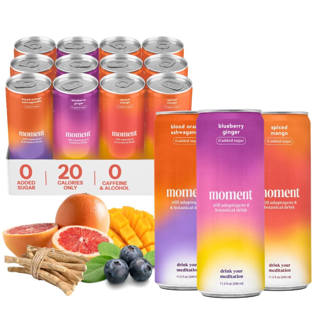 Moment Botanical Water STILL - Healthy & Natural: Hibiscus Dragon Fruit, Blood Orange, Lemon L-Theanine and Ashwagandha for Zen & Stress Relief. No Caffeine or Added Sugar. Keto. 24 Cans
