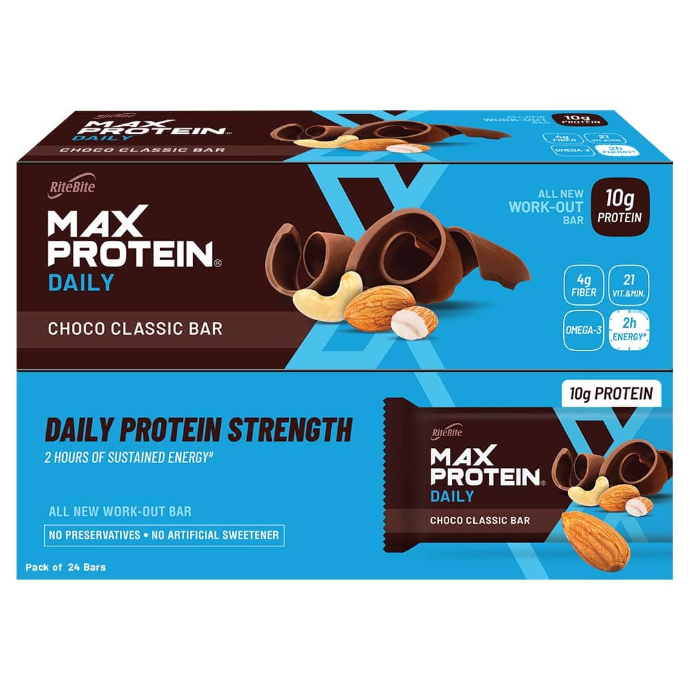 Daily Choco Classic Protein Bars with 10g Protein, 4g Fiber & 21 Vit. & Minerals | No Cholesterol & Trans Fat For Upto 2h of Energy, Healthy Snack, 50g (Pack of 24)