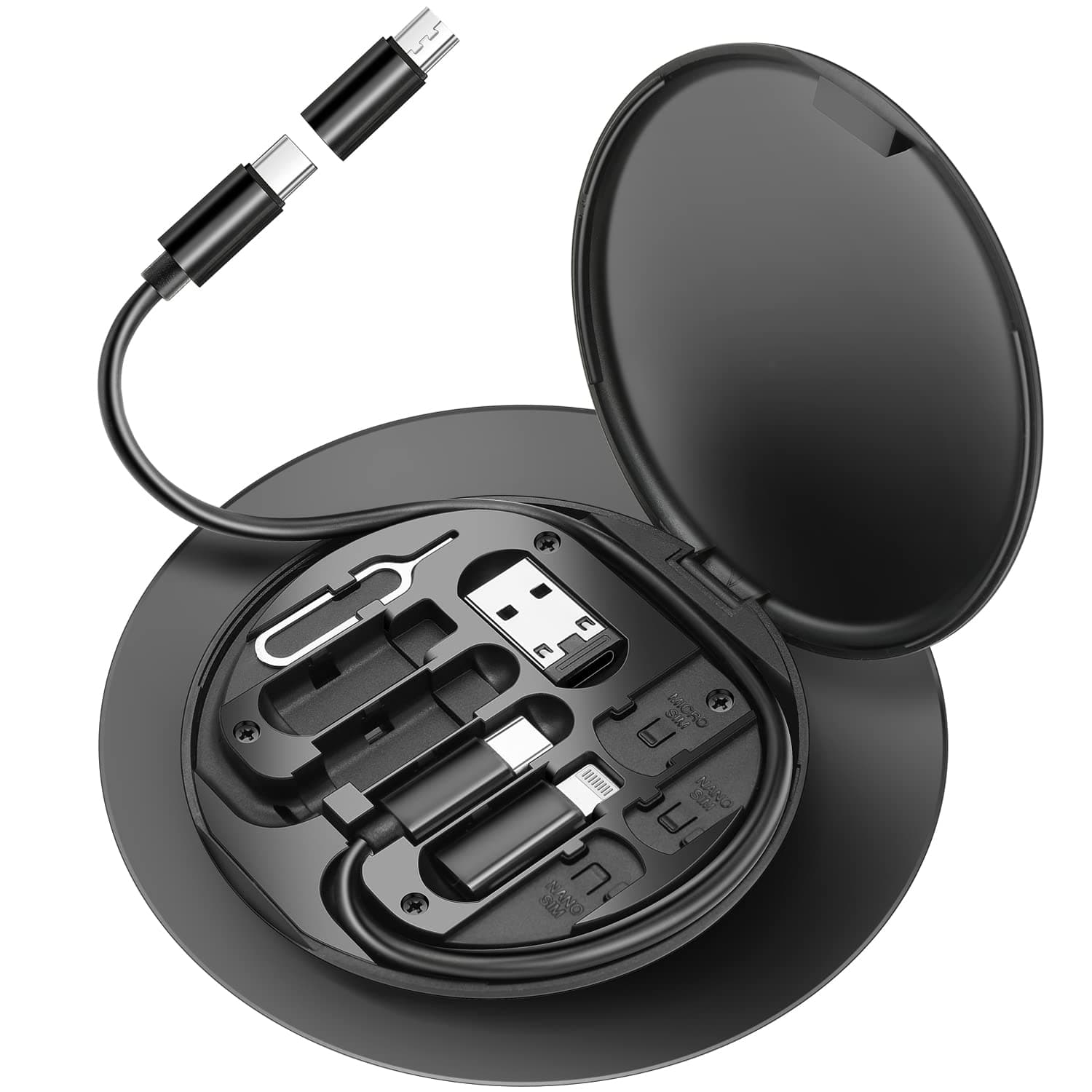 HESIMING USB C to Lightning Adapter Kit,Multi Charging Cable Case Convertor USB C to Type C/iOS Device/Micro Adapter Travel Data Cable Set Contains Card Storage,Phone Holder, Tray Eject Pin(Black)