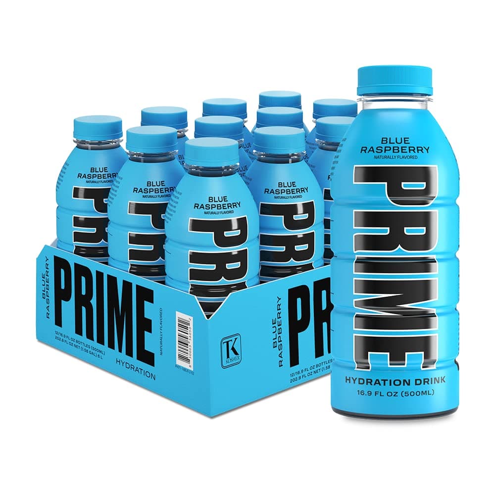 Prime Hydration Drink Sports Beverage "BLUE RASPBERRY," Naturally Flavored, Caffeine Free, 10% Coconut Water, 250mg BCAAs, B Vitamins, Antioxidants, 835mg Electrolytes, 25 Calories per 16.9 Fl Oz Bottle (Pack of 12)