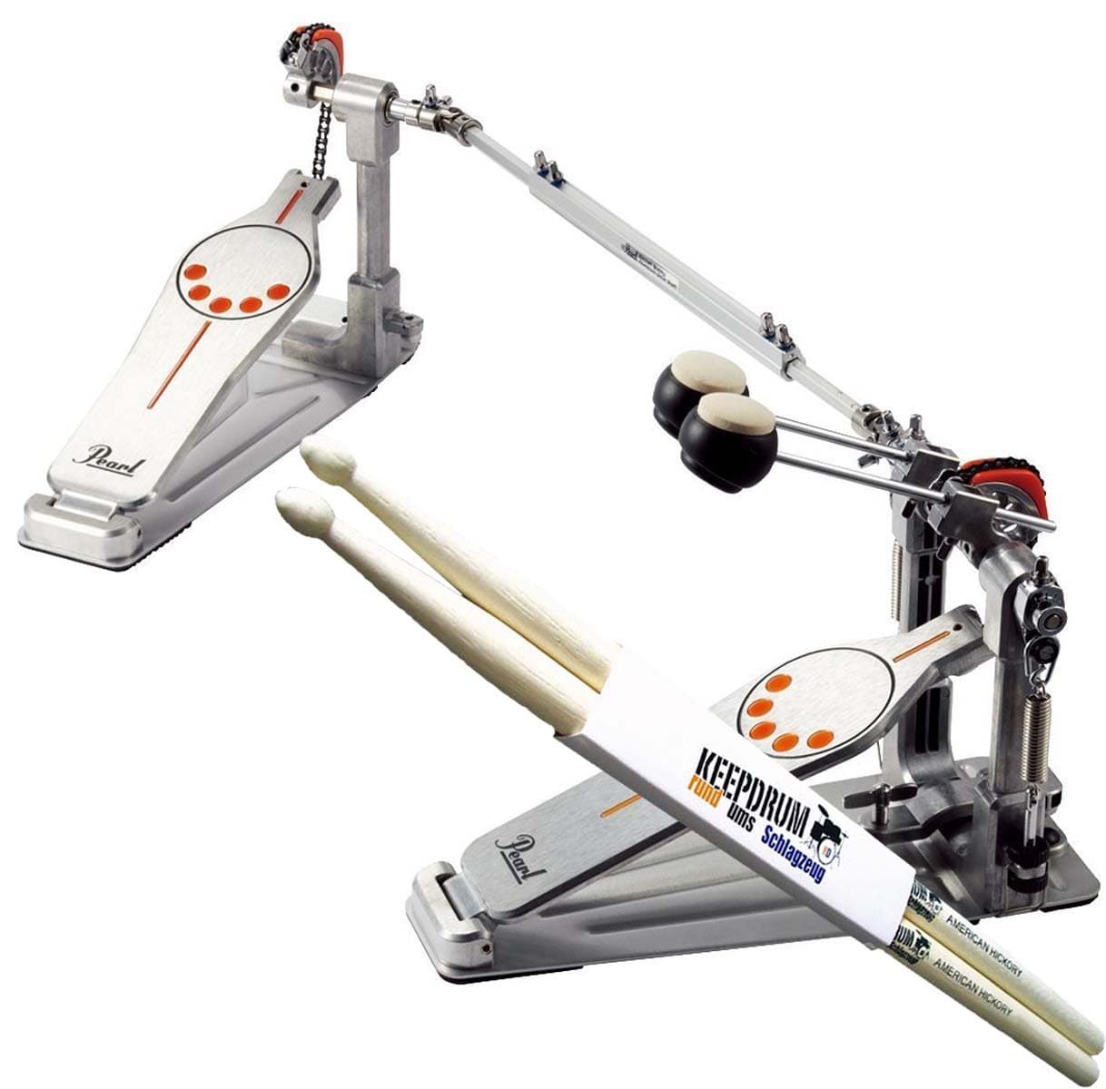 Pearl P-932 Double Foot Machine Bass Drum Pedal + Keepdrum Drumsticks