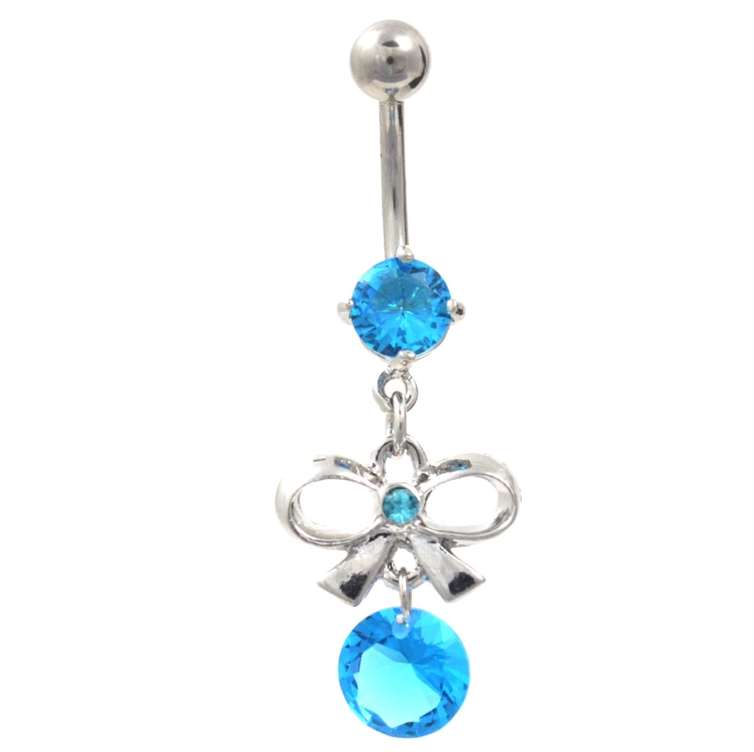 Aqua Bow Tie CZ Gem Navel Ring Prong Set Belly Button Piercing Jewelry