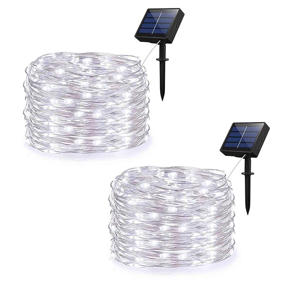 Weepong Solar String Lights, Outdoor String Lights with 100 LEDs 33 Foot Silver Copper Wire 8 Mode Waterproof Solar Starry Lights for Wedding Garden Home Party Patio Lawn Trees (Cold White 2 Pack)