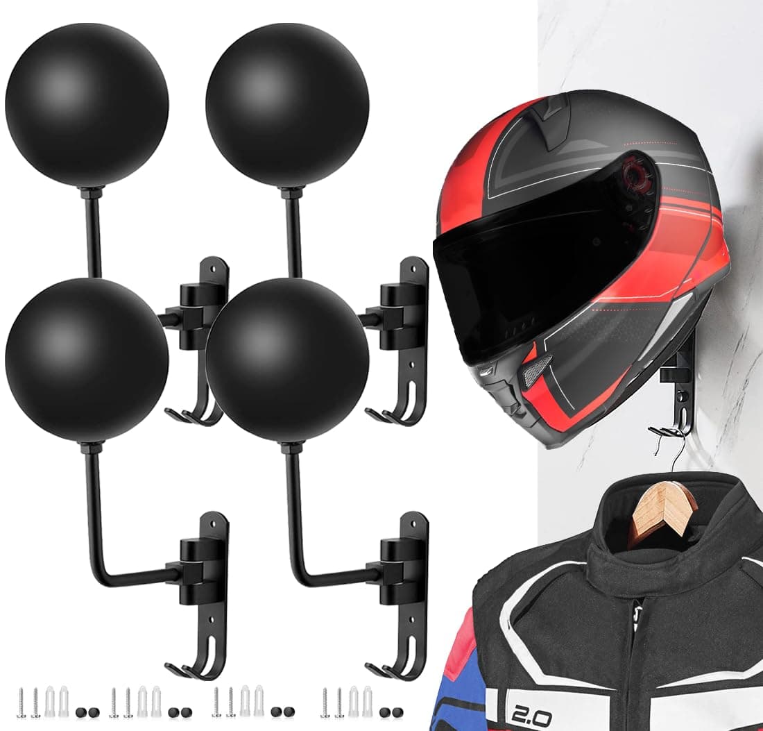 SANGMO 180° Motorcycle Helmet Rack, 4 Pack Rotation Metal Helmet Holder Wall Mount, Helmet Holder Bike with 2 Hooks Helmet Hanger for Motorcycle Bike Coats, Caps, Baseballs, Rugby Helmet (Black)