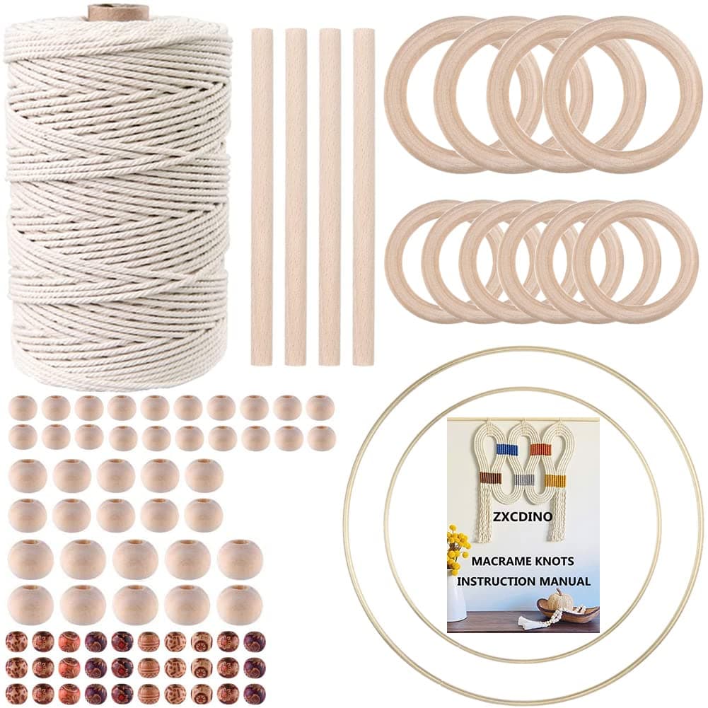 87pcs Macrame Kits for Beginners 3mm x 220yards Natural Cotton Macrame Cord Wall Hanging Kit, Macrame Supplies Best for Macrame Plant Hanger with Wooden Beads,Wooden Rings
