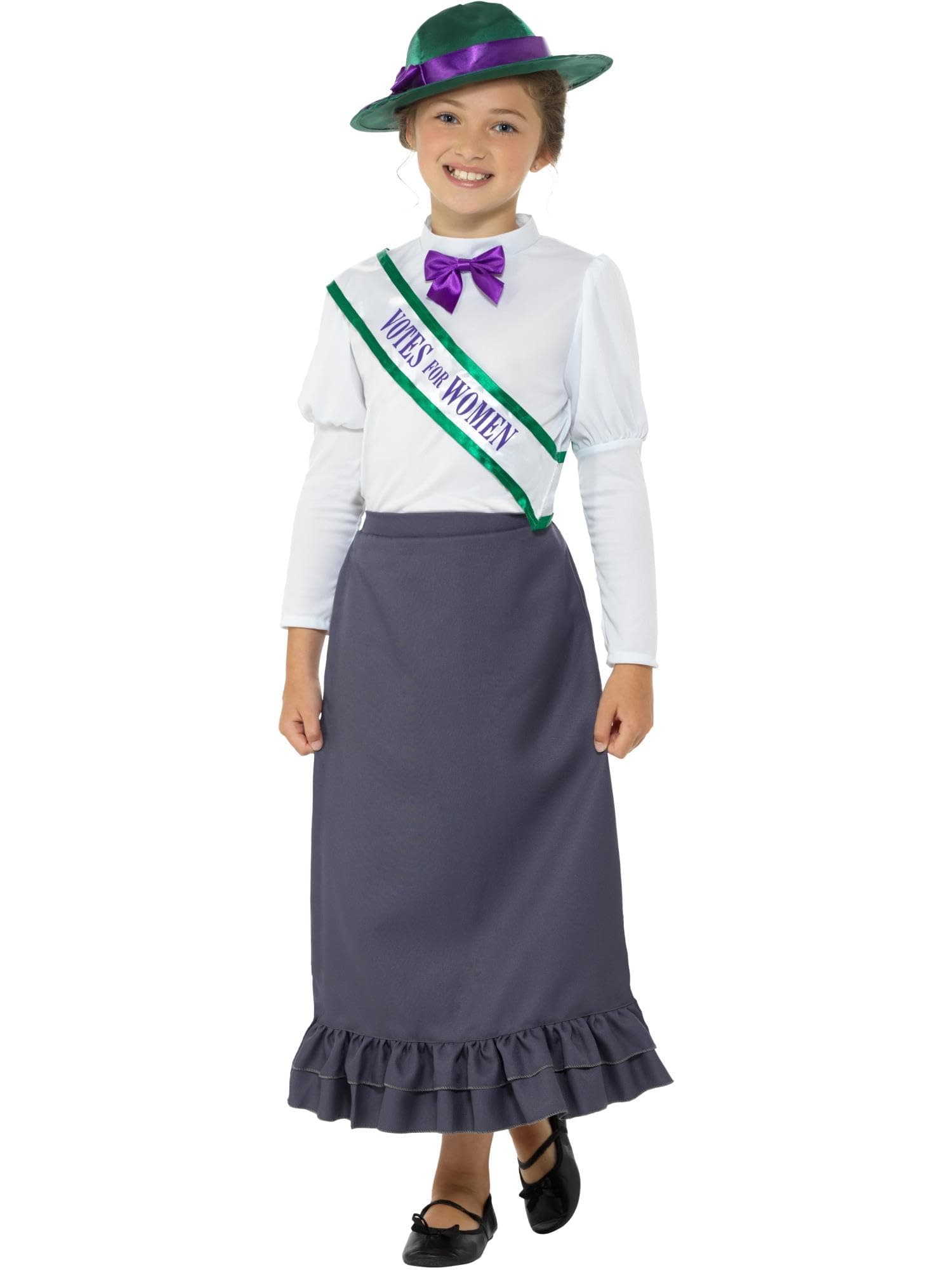 Smiffys Victorian Suffragette Costume, Grey with Skirt, Attached Blouse, Sash & Hat, Girls Fancy Dress, Child Dress Up Costumes