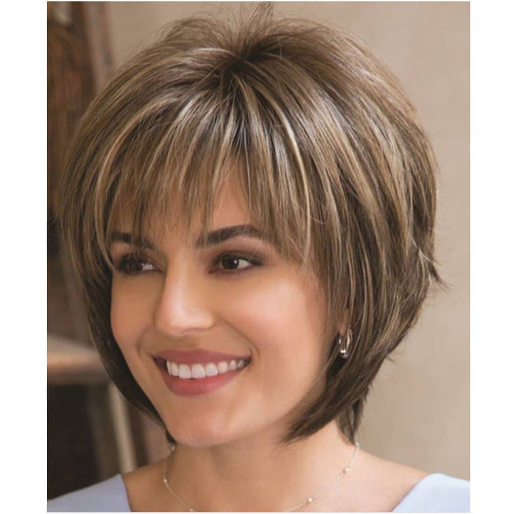 KUNMEI Brown Natural Curly Wigs for White Women-Short Wigs with Bangs Bob Wigs Heat Resistant Synthetic Fiber Wigs+a Free Wig Cap CM013