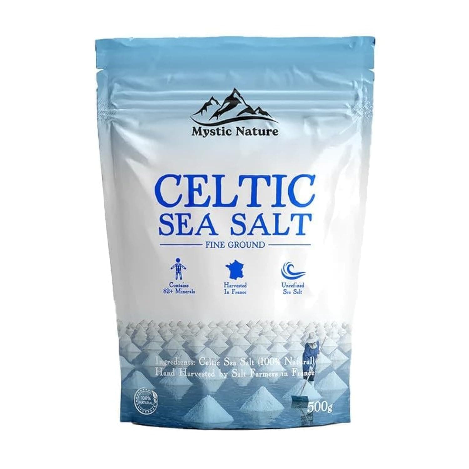 Fine Ground Celtic Sea Salt - 500g | 100% Natural Celtic sea Salt | Organic Farmers & Growers Certified | Uniquely Harvested In France Providing Exceptional 82+ Minerals | UK Brand