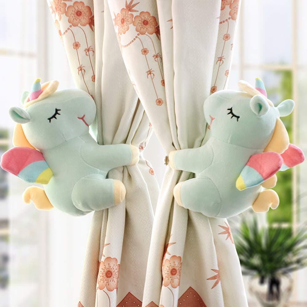 IFEVER 1 Pair Animal Curtain Tiebacks Cute Decorative Unicorn Plush Curtain Drapery Holdback Buckle for Kids (Green)