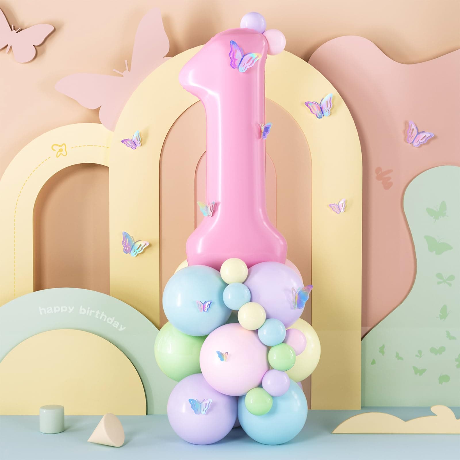 Pink 1 Balloon 1st Birthday Decorations for Girls, 40 Inch Pink Number 1 Foil Balloon with Butterfly stickers Pastel Balloons for Girls 1 Year Birthday Party Decoration Baby Shower