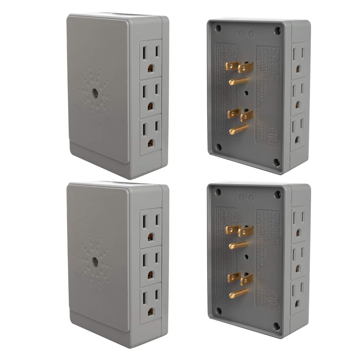 Litesun (4 Pack) Side Entry Outlet Plug 6-Way Electrical Socket Splitter Wall Mount Current Tap Adapter In Grey